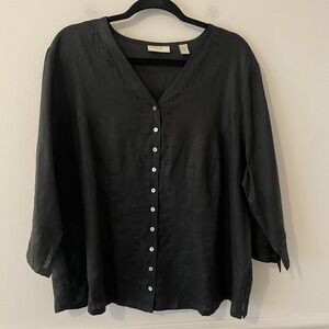 Valerie Stevens 100% Linen Eyelet Button Up Top Black 1X Embroidered Lagenlook